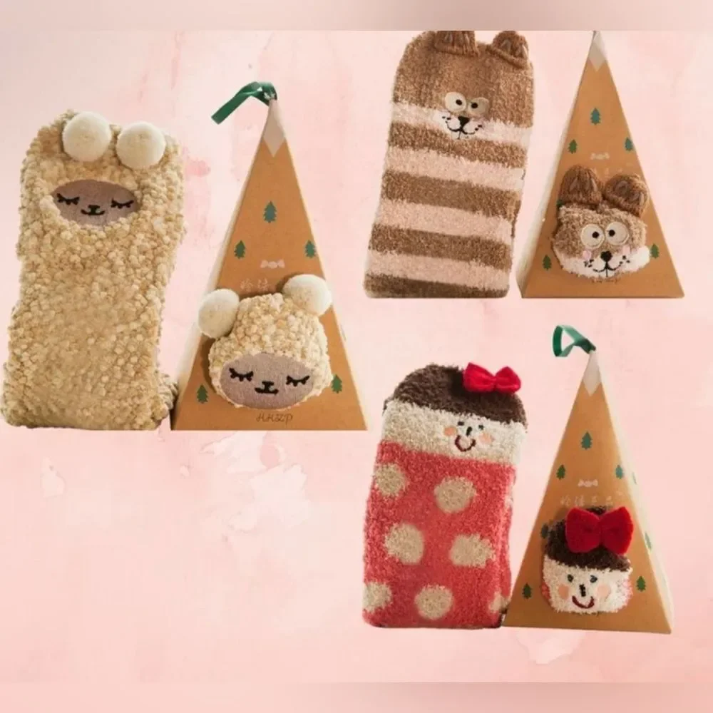 CUTE ANIMAL Christmas Socks Gift Boxes, 3D Fluffy Thick Warm Winter Socks